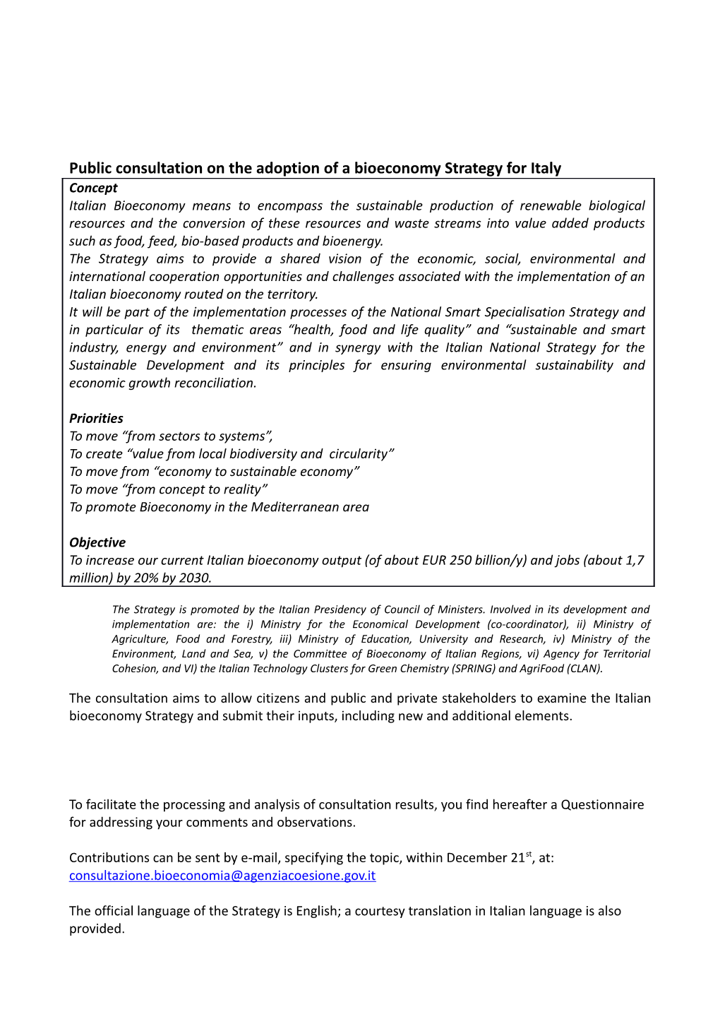 Public Consultation on the Adoption of a Bioeconomy Strategy for Italy