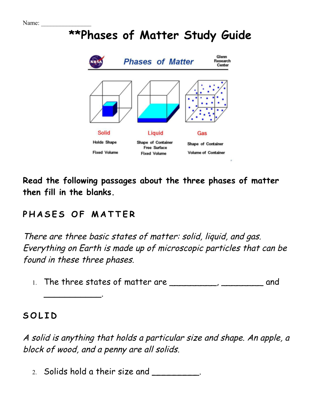 Phases of Matter Study Guide