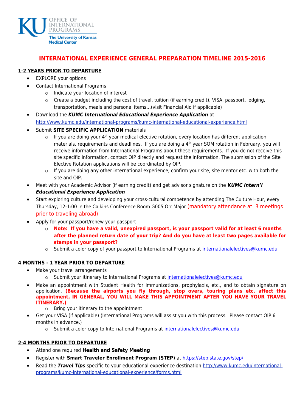 International Experience General Preparation Timeline 2015-2016