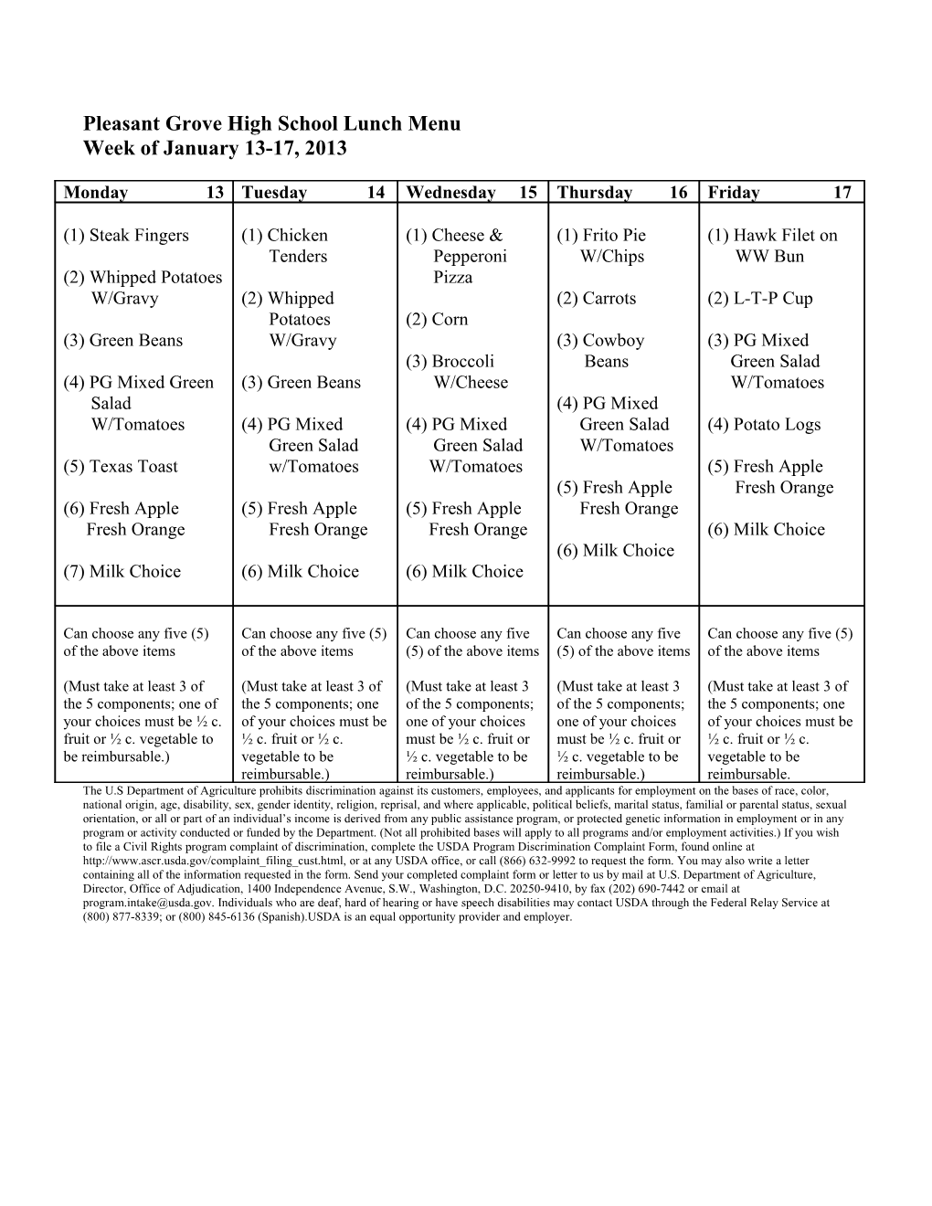 Pleasant Grove High School Lunch Menu s1