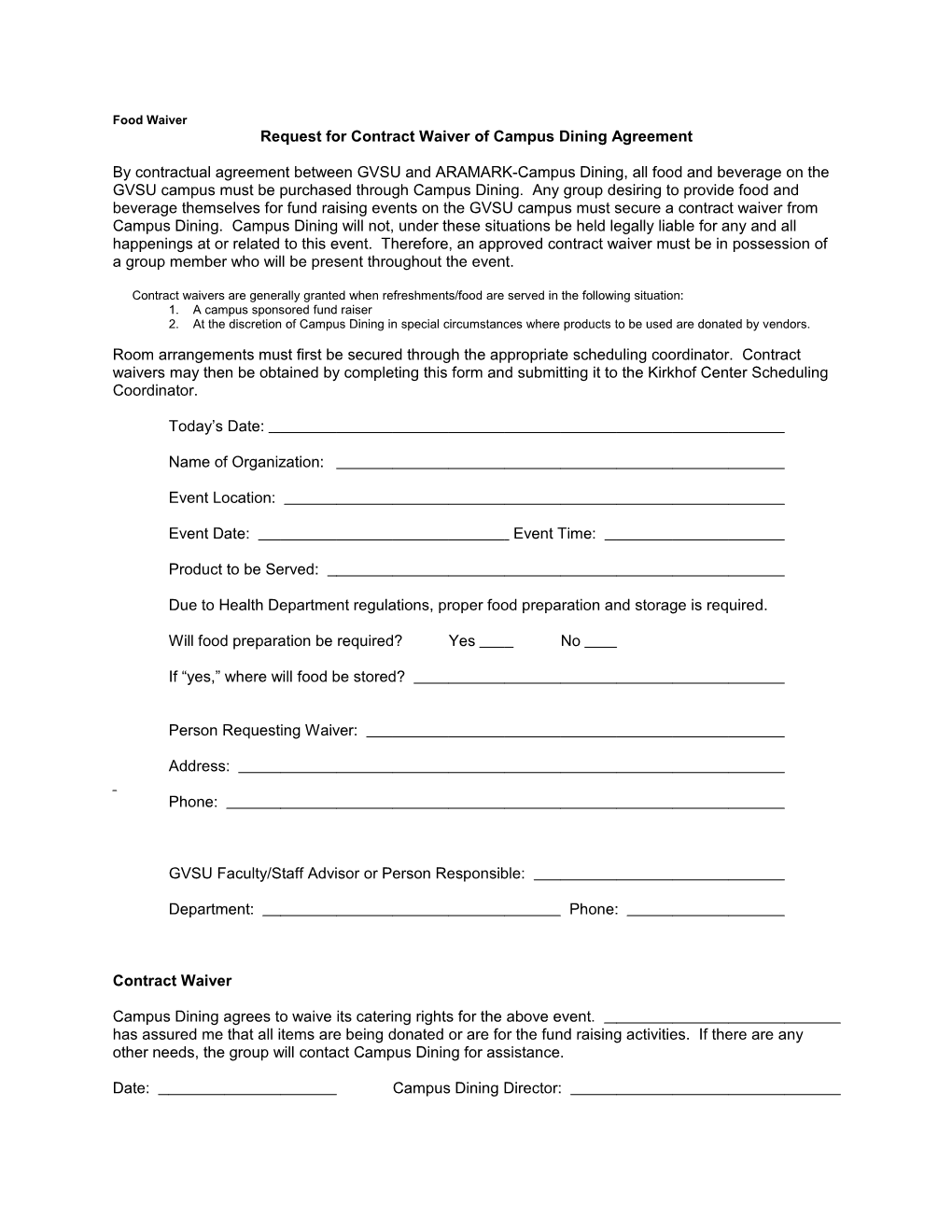 Request for Contract Waiver of Campus Dining Agreement