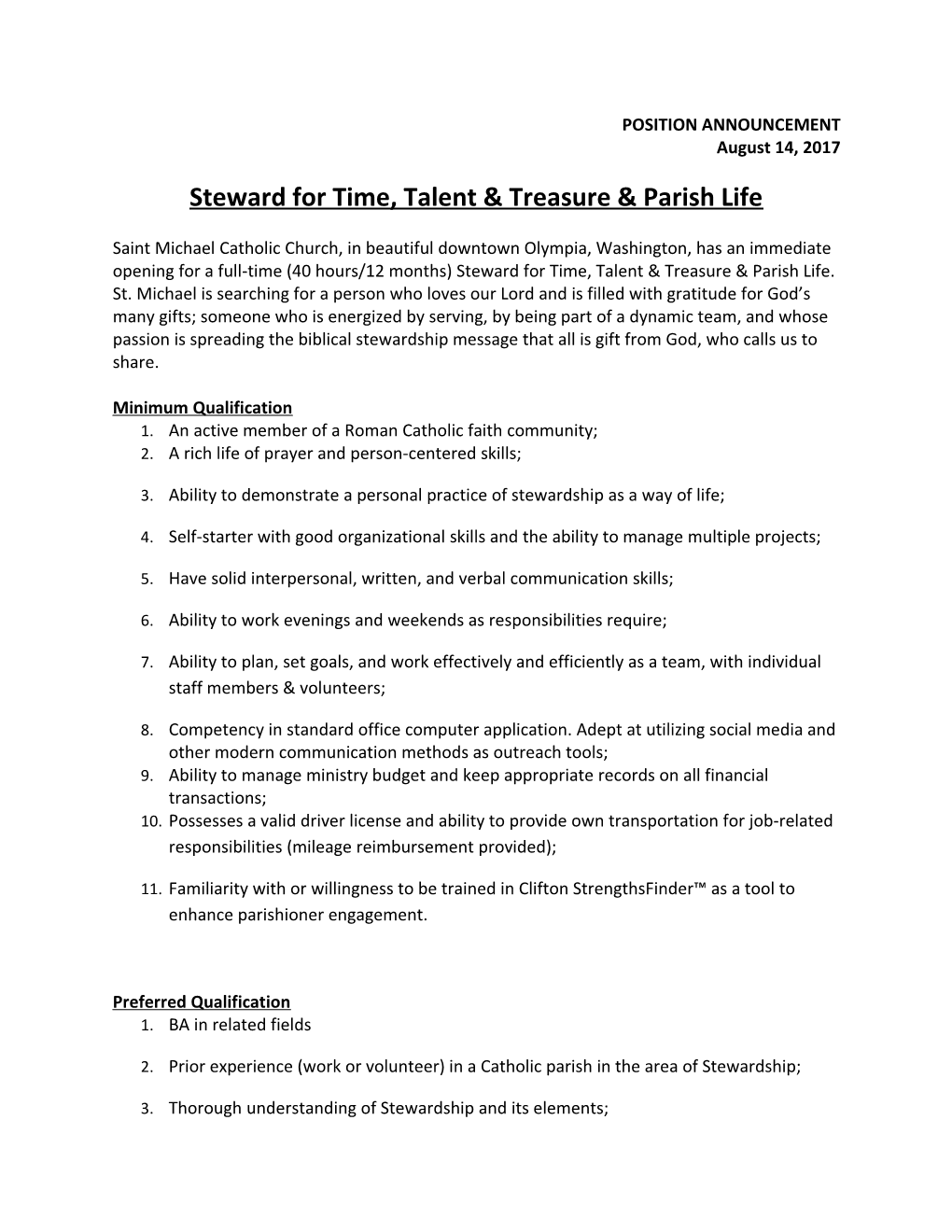 Steward for Time, Talent & Treasure & Parish Life