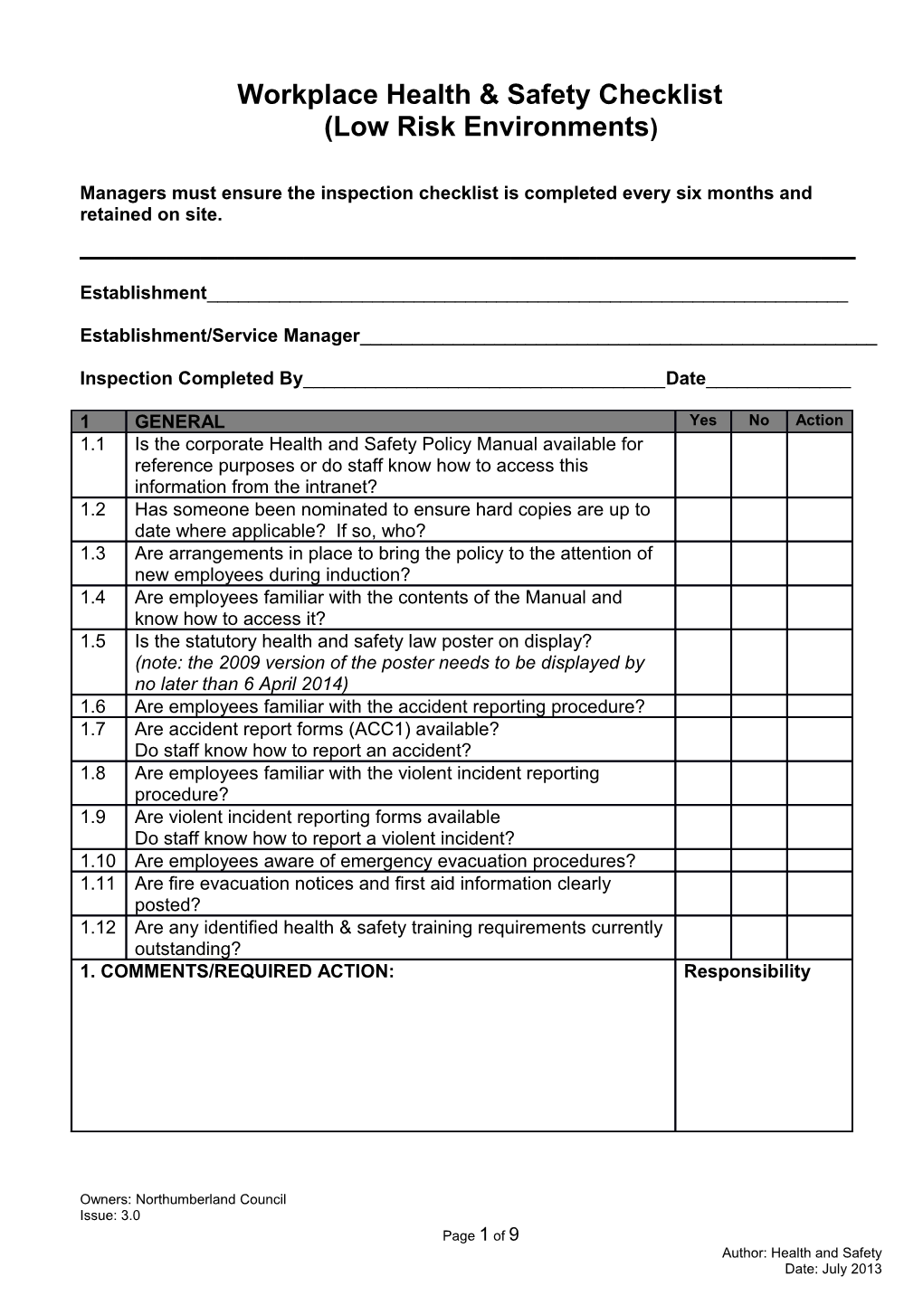 Workplace Inspection Checklist for Low Risk Environments