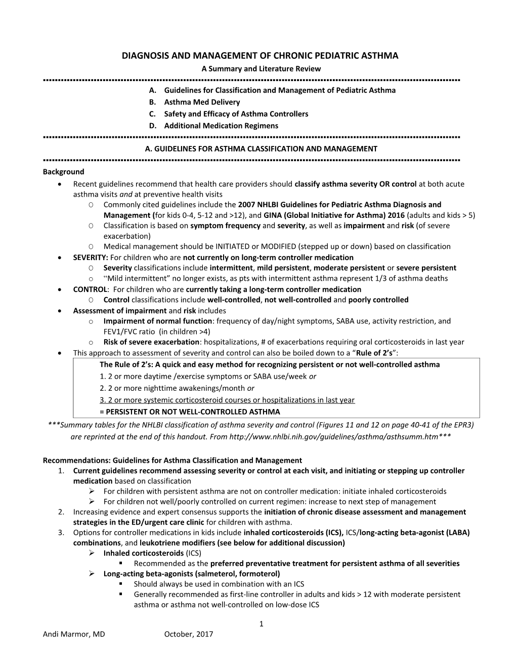 Diagnosis and Management of Chronic Pediatric Asthma