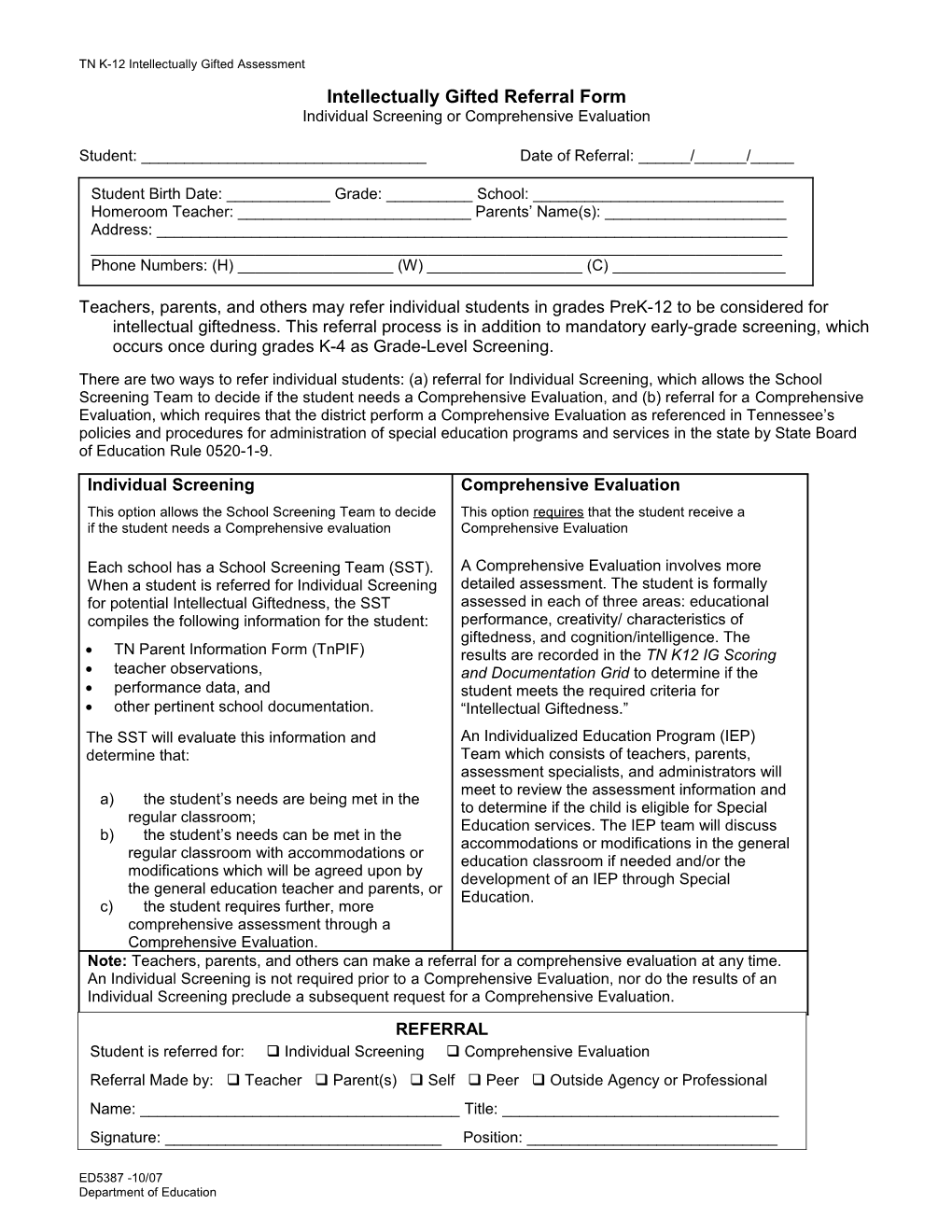 TN K-12 Intellectually Gifted Assessment