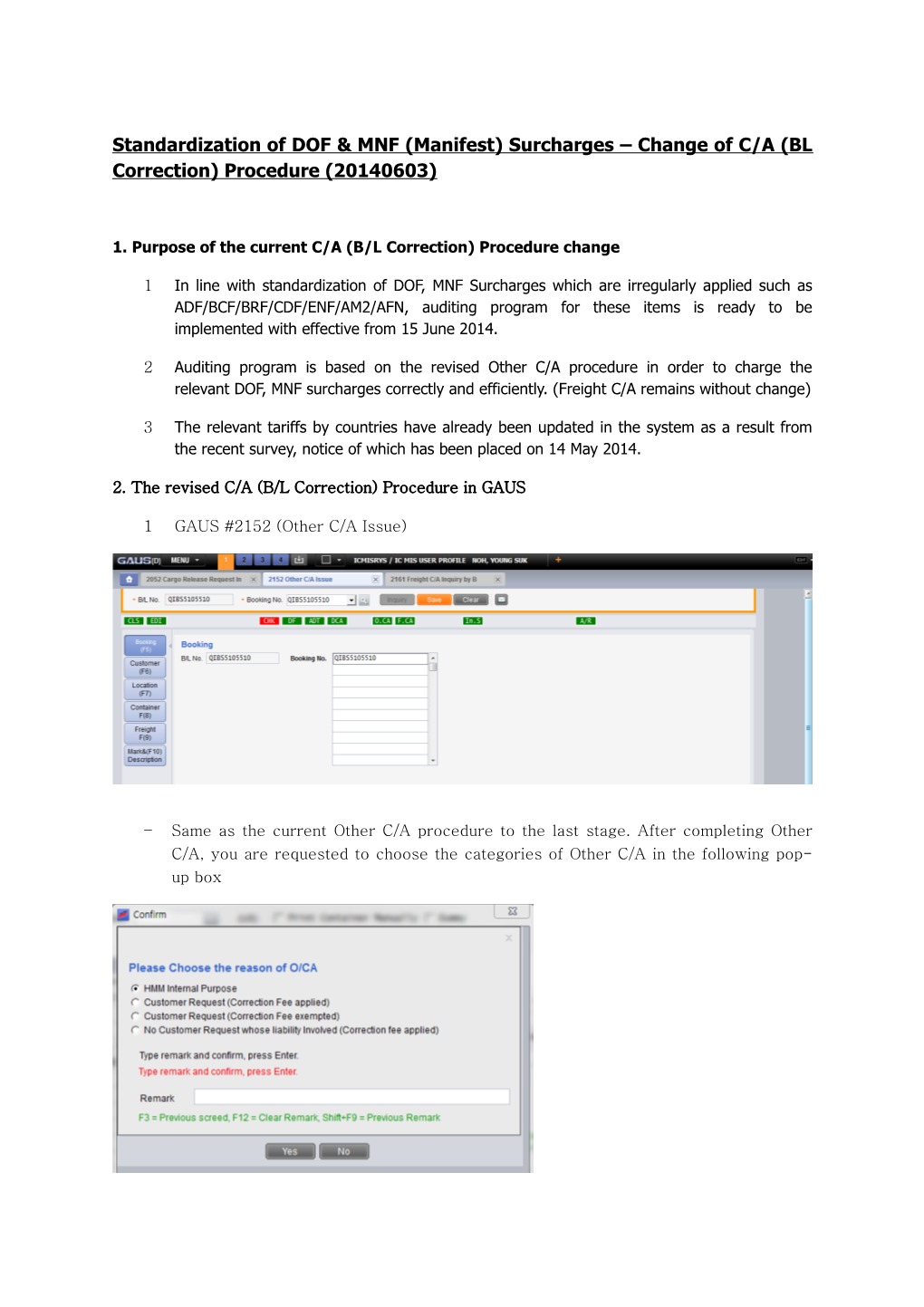 Standardization of DOF MNF (Manifest) Surcharges Change of C/A (BL Correction) Procedure