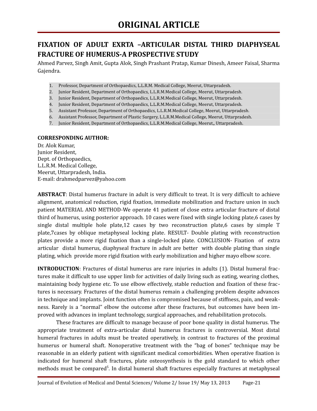 Fixation of Adult Exrta Articular Distal Third Diaphyseal Fracture of Humerus-A Prospective