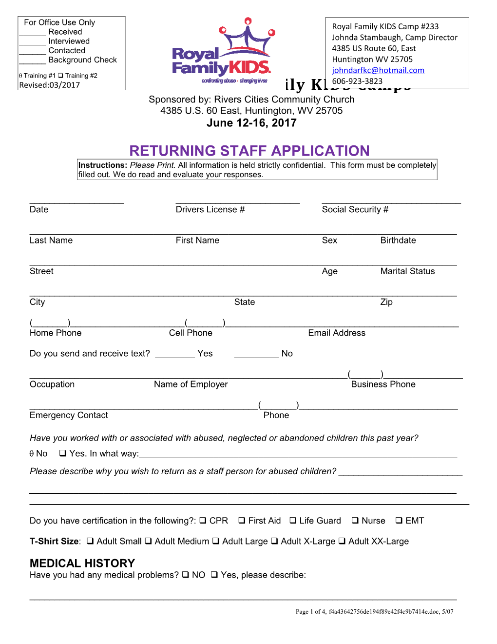 Royal Family Returning Counselor Application