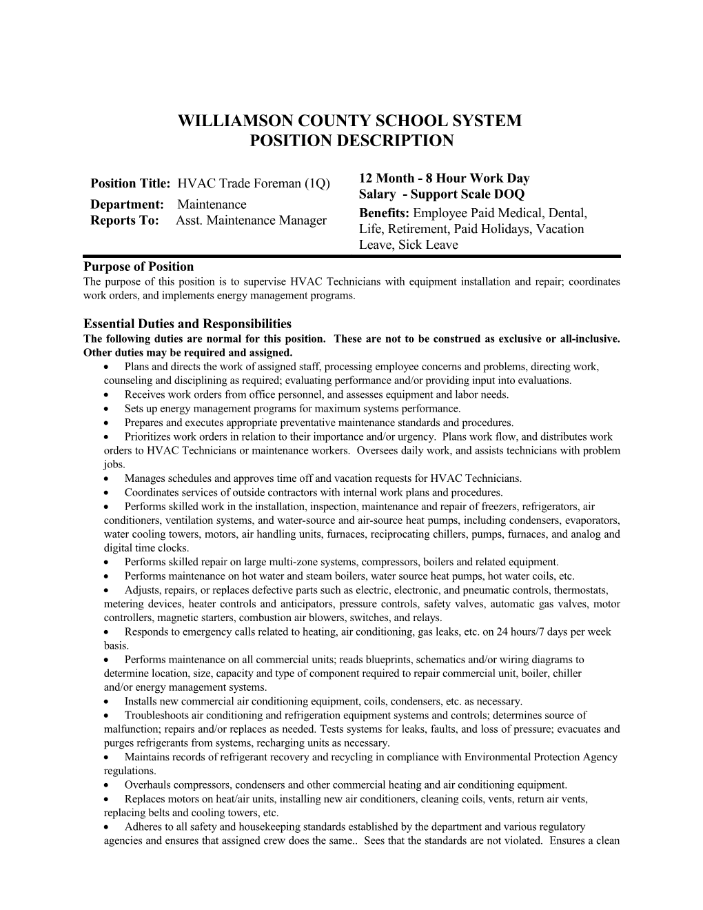 HVAC Trade Foreman Williamson
