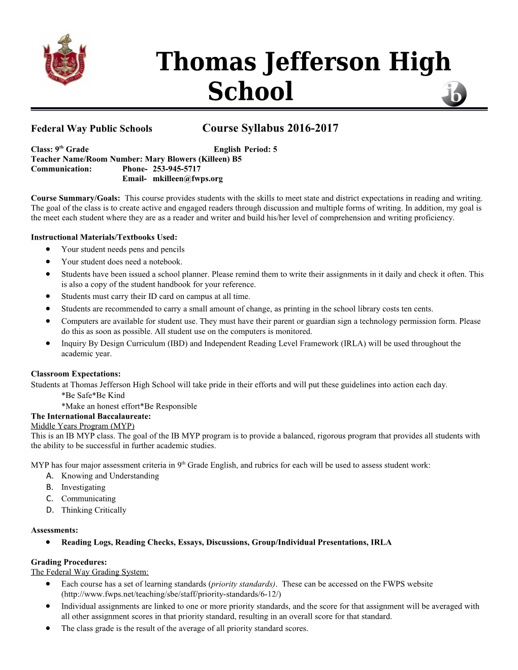 Federal Way Public Schools Course Syllabus 2016-2017
