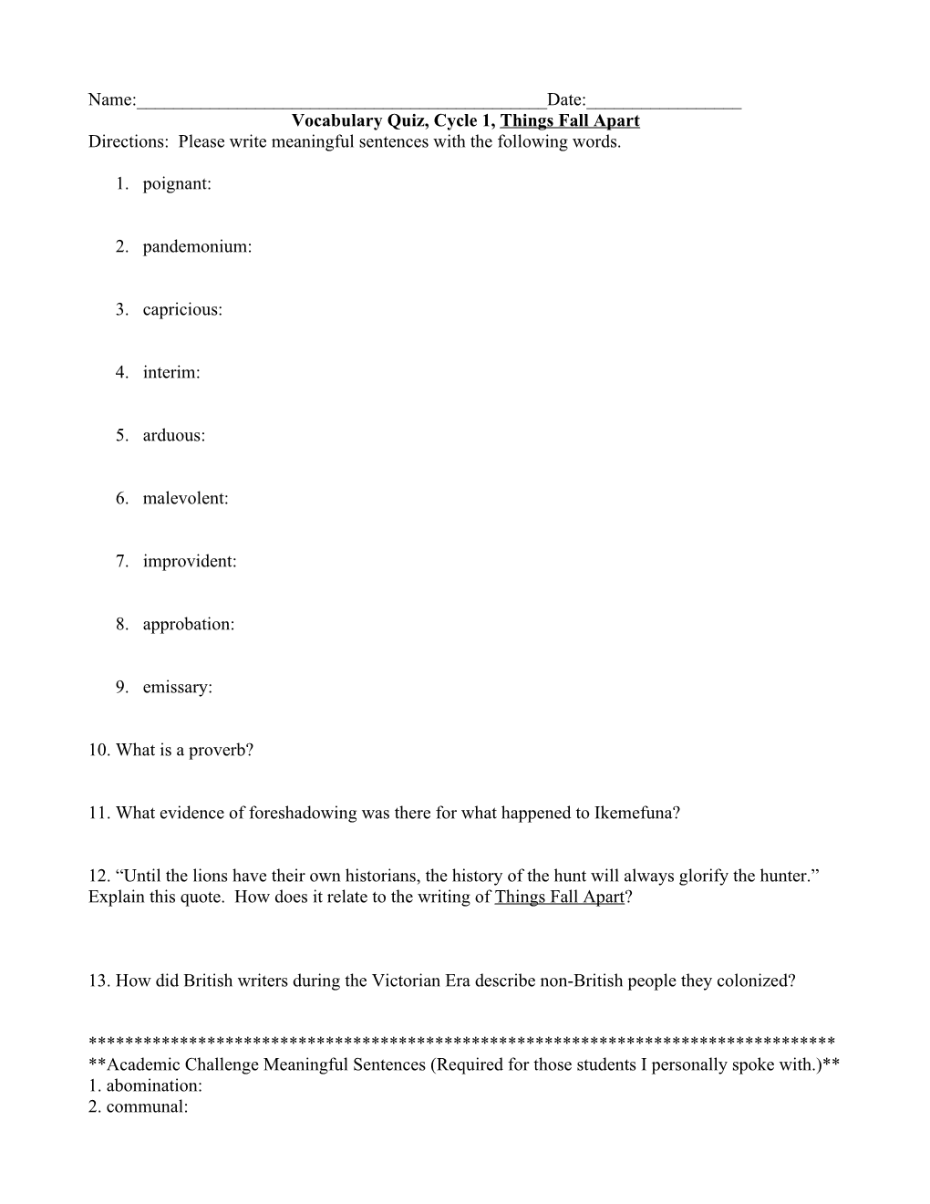 Vocabulary Quiz, Cycle 1, Things Fall Apart