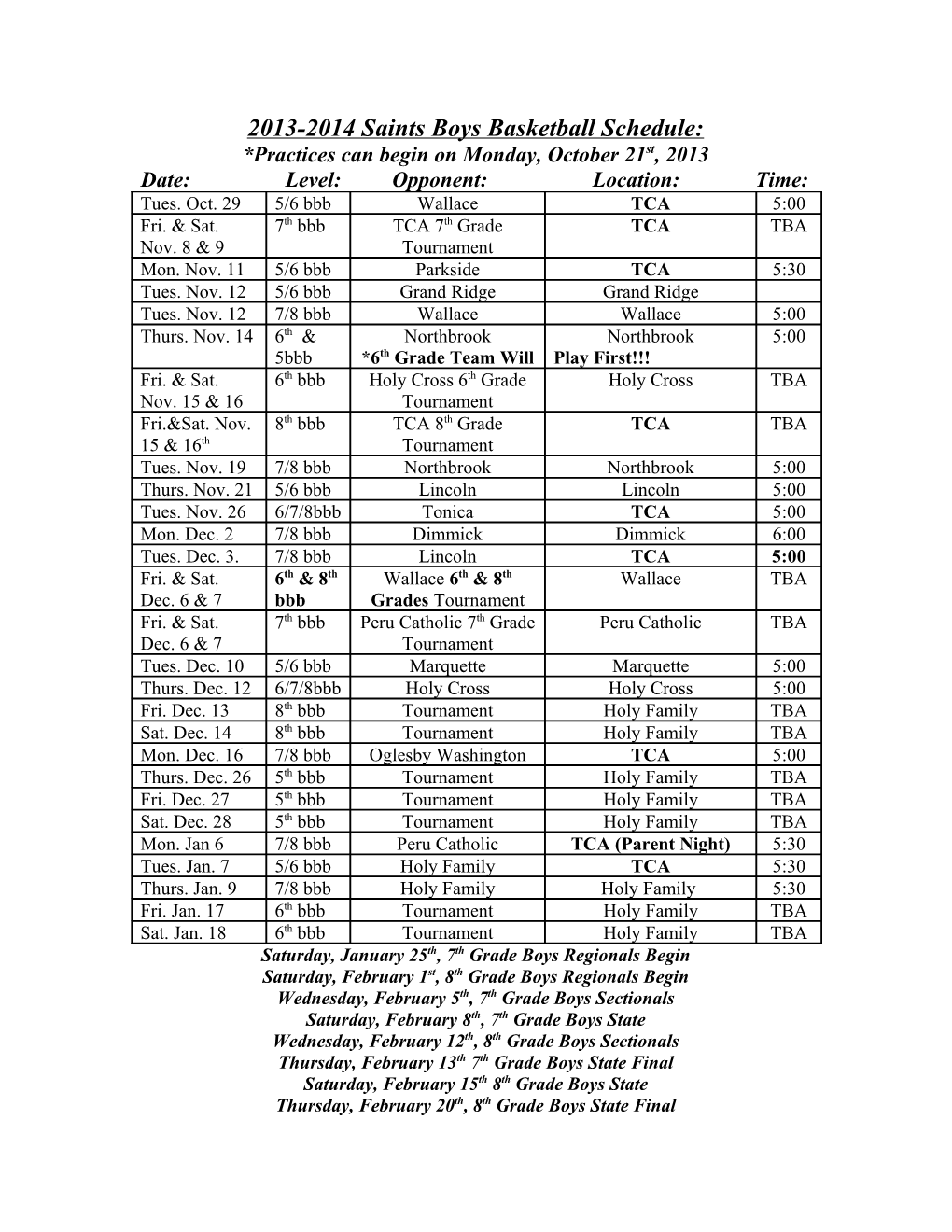 2013-2014 Saints Boys Basketball Schedule