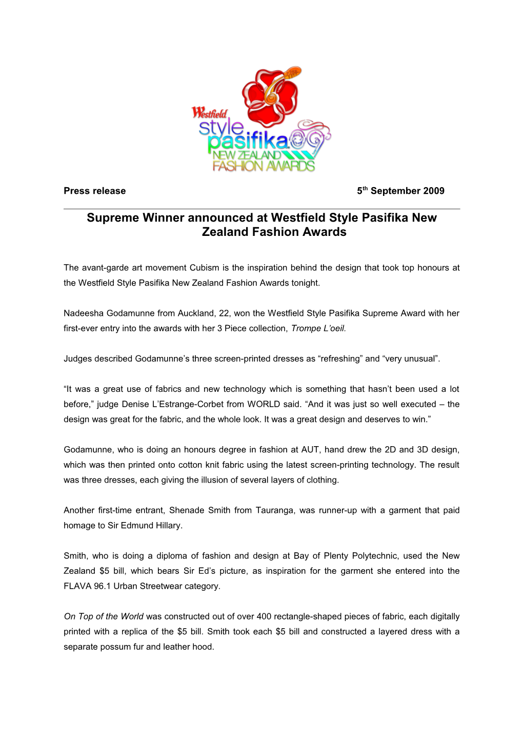 Supreme Winner Announced at Westfield Style Pasifika New Zealand Fashion Awards