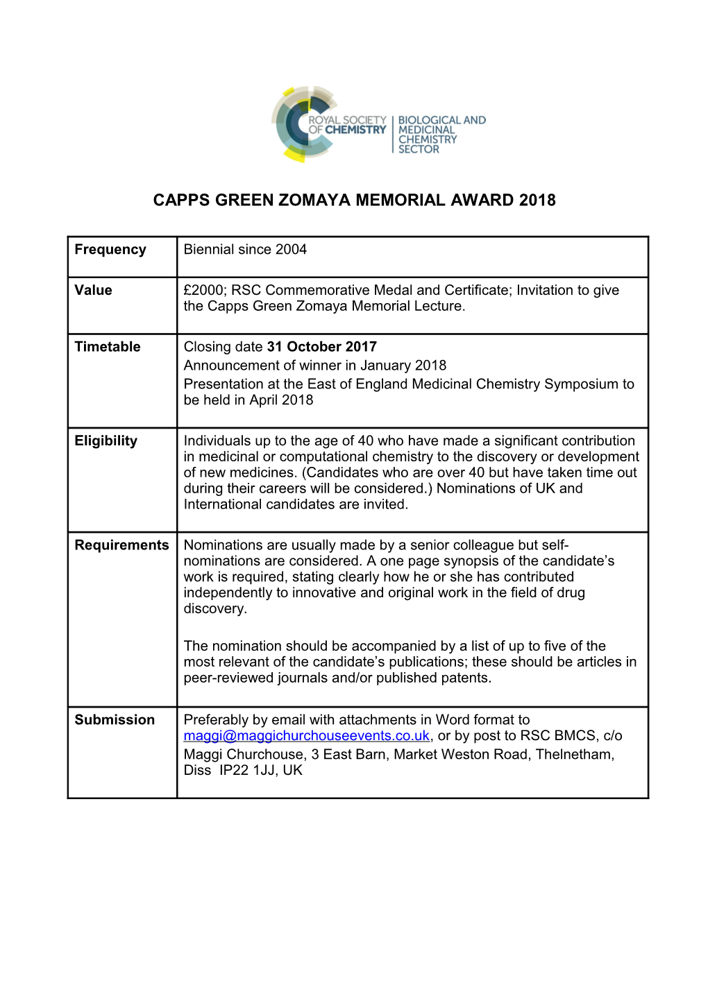 Capps Green Zomaya Memorial Award 2018