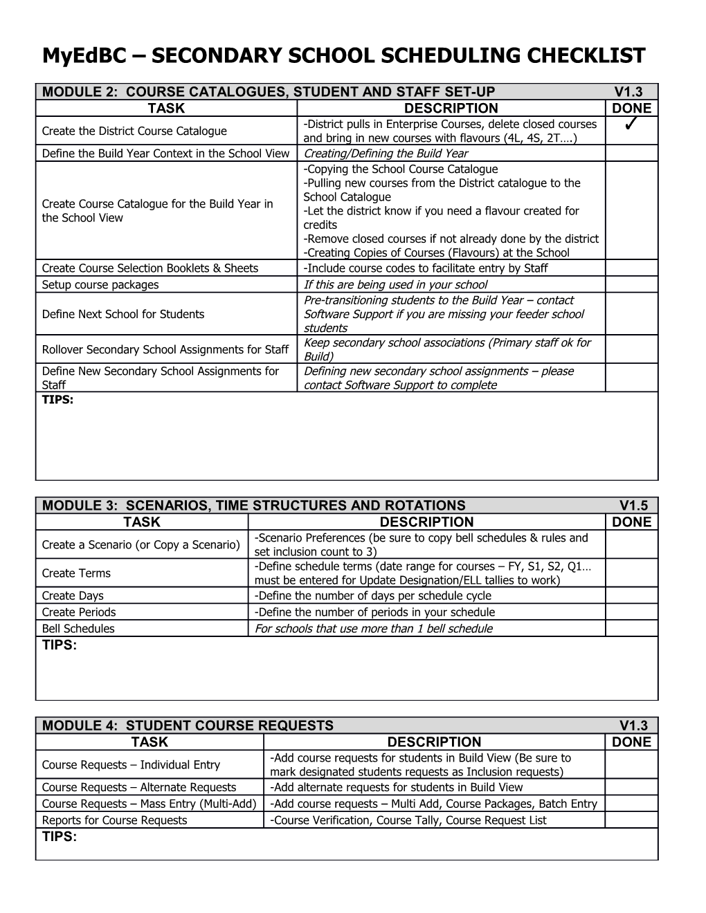 Myedbc SECONDARY SCHOOL SCHEDULING CHECKLIST