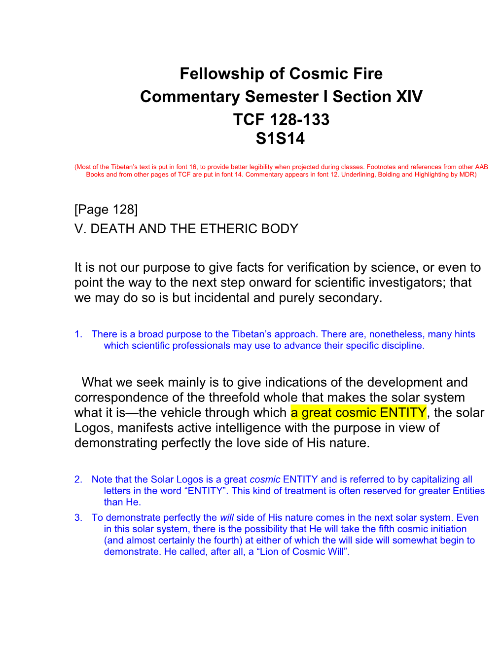 Commentary Semester I Section XIV