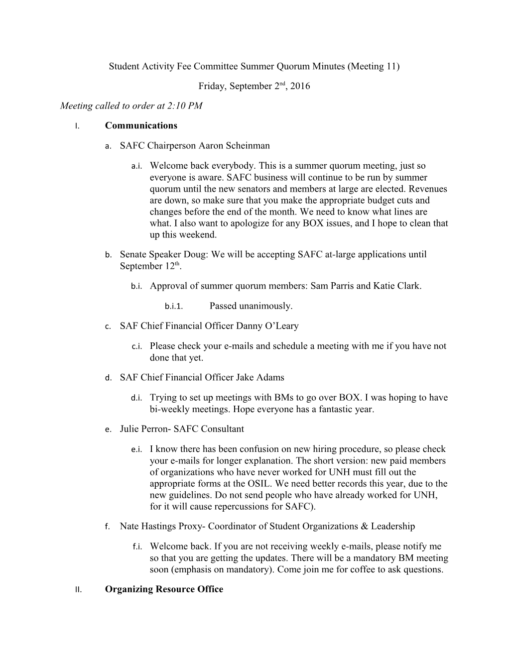 Student Activity Fee Committee Summer Quorum Minutes (Meeting 11)