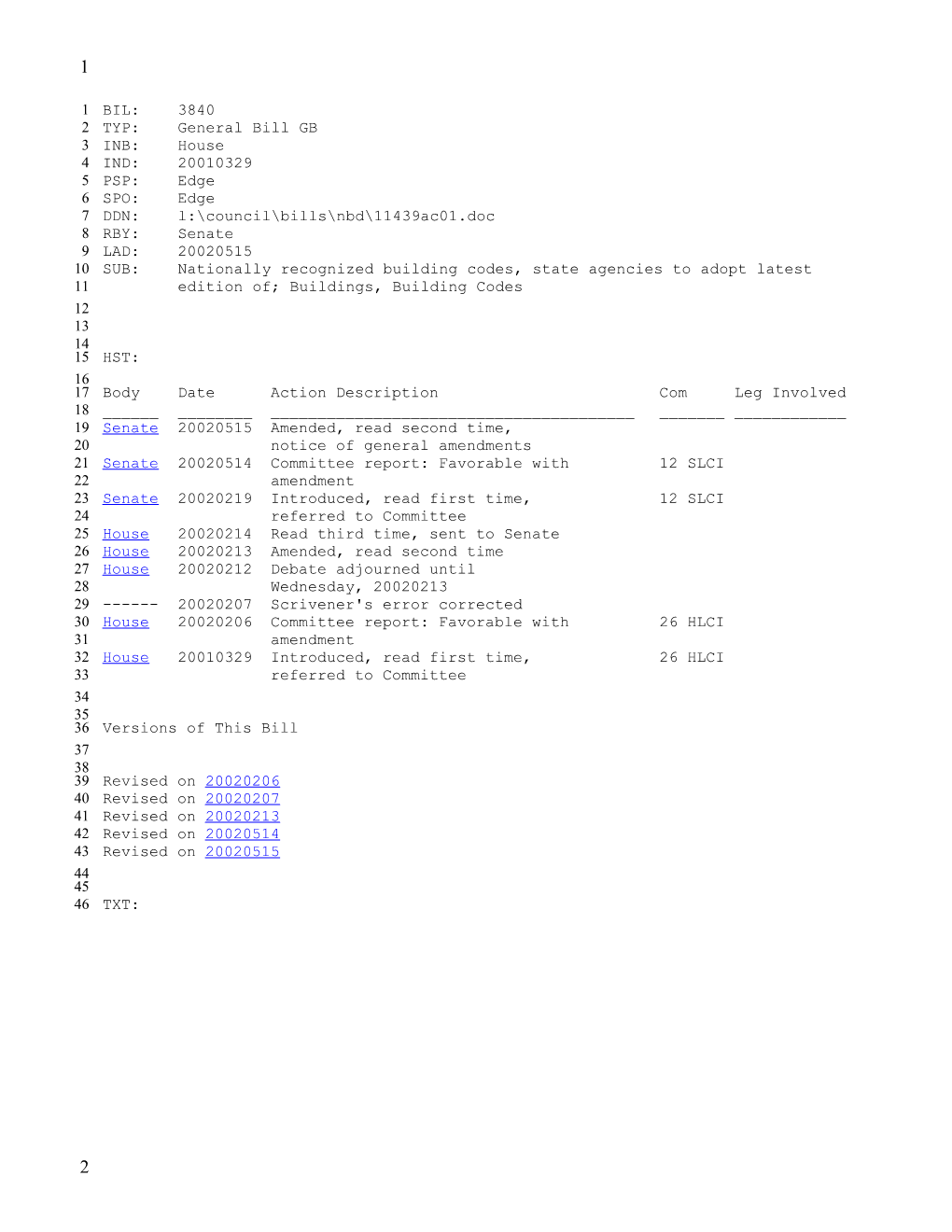 2001-2002 Bill 3840: Nationally Recognized Building Codes, State Agencies to Adopt Latest