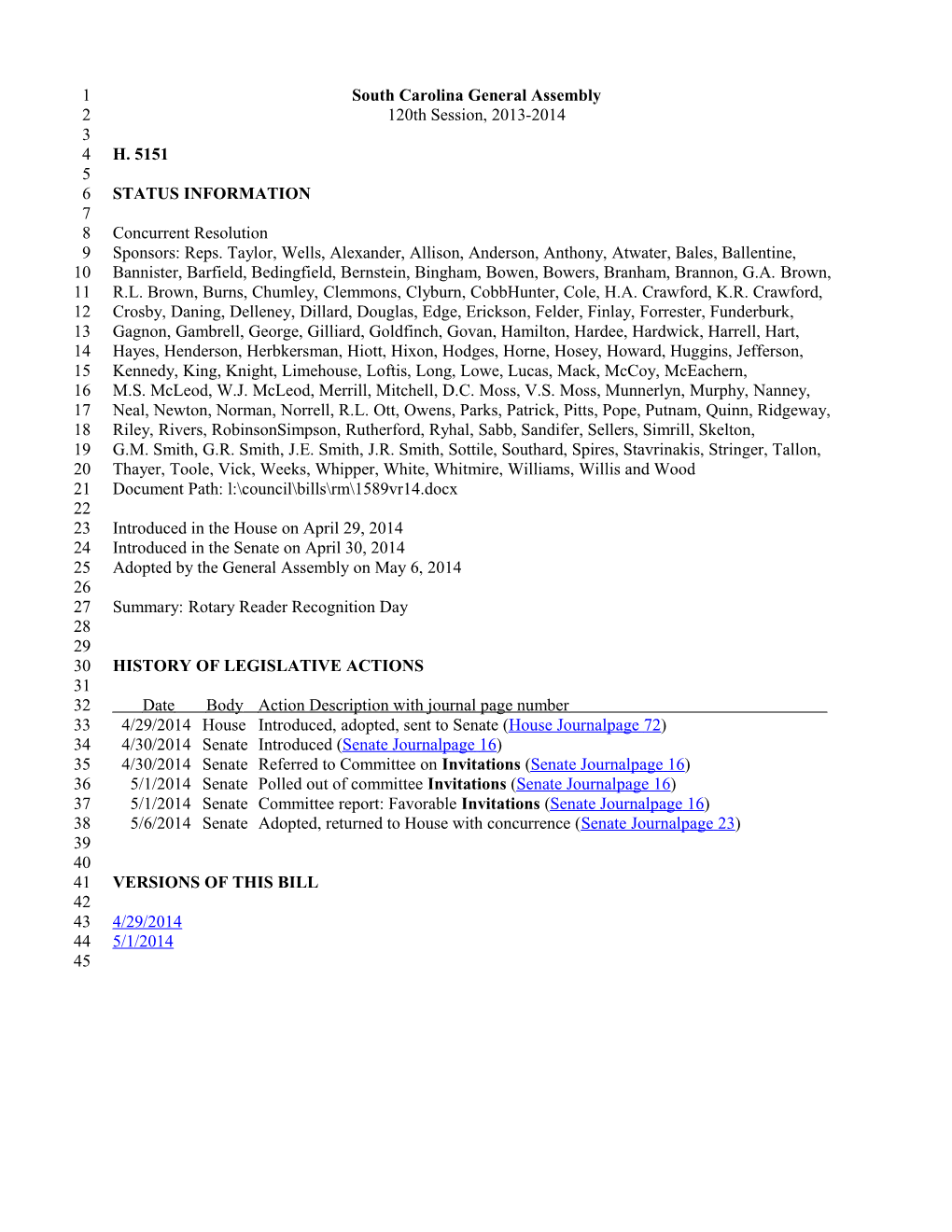 2013-2014 Bill 5151: Rotary Reader Recognition Day - South Carolina Legislature Online