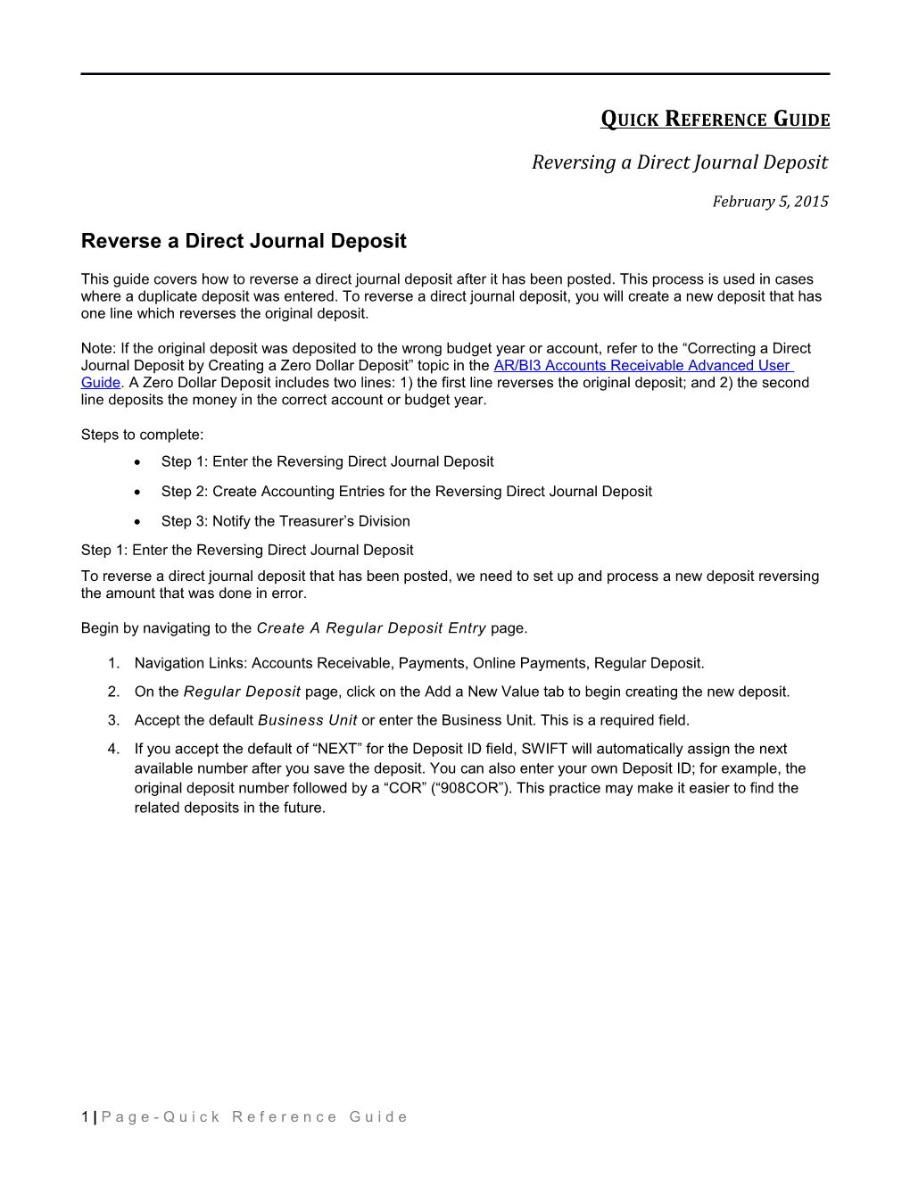 Reversing a Direct Journal Deposit Quick Reference Guide