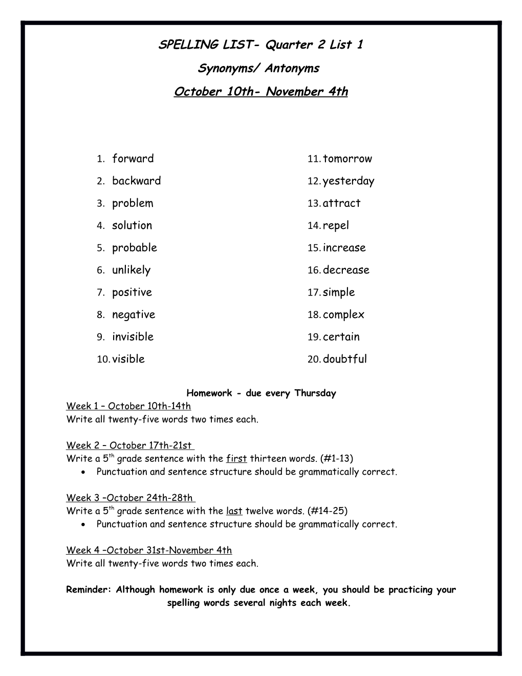 SPELLING LIST- Quarter 2 List 1