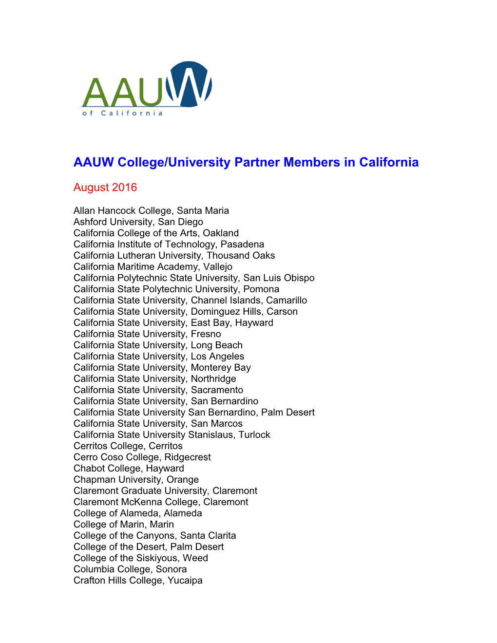 AAUW College and University Partners in California
