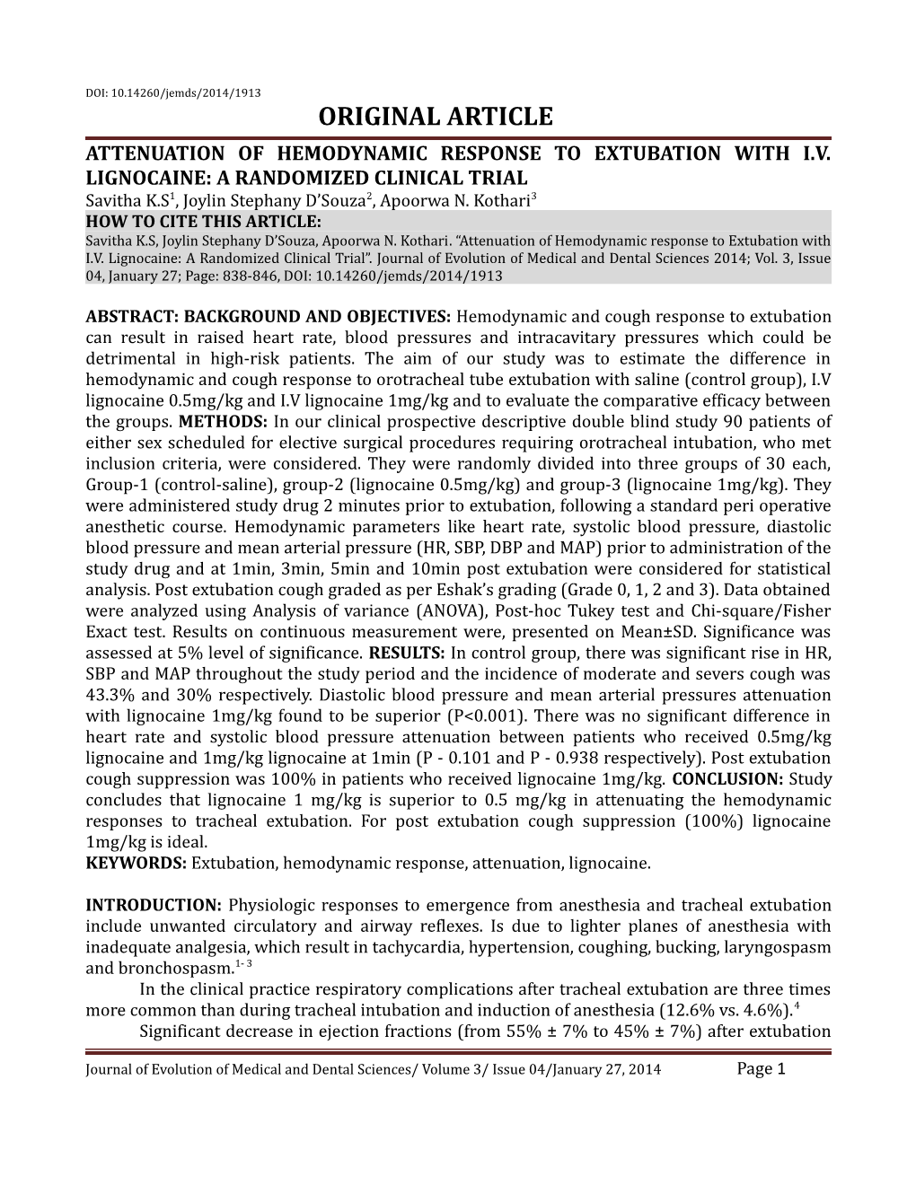 Attenuation of Hemodynamic Response to Extubation with I.V. Lignocaine: a Randomized Clinical