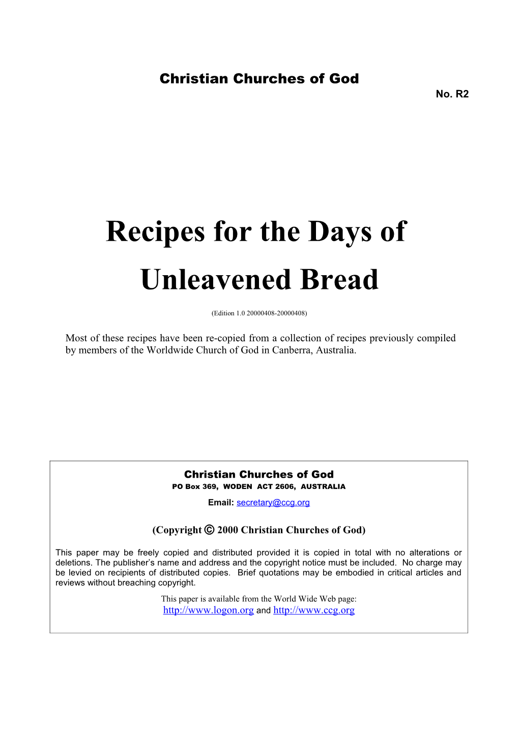 Recipes for the Days of Unleavened Bread (No. R2)