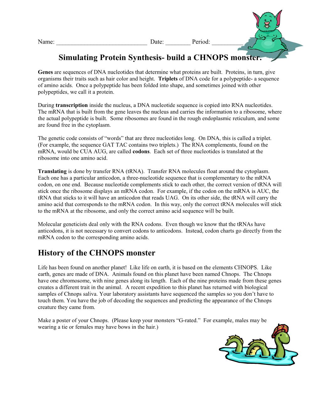 Simulating Protein Synthesis- Build a CHNOPS Monster