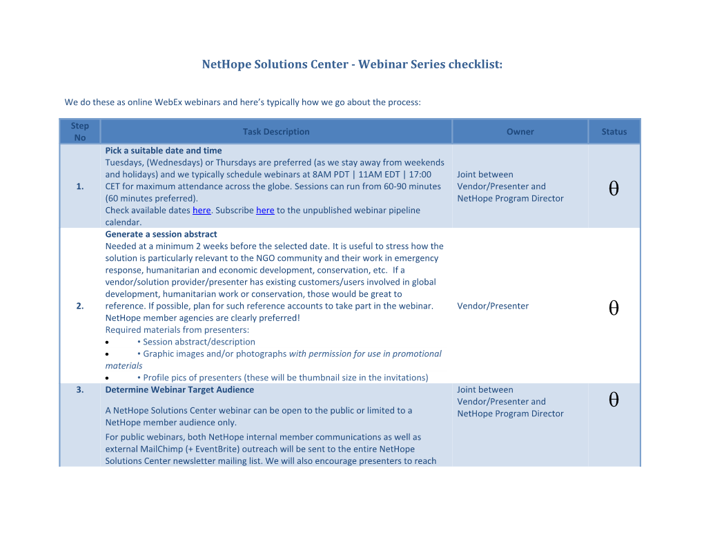 Nethope Solutions Center - Webinar Series Checklist