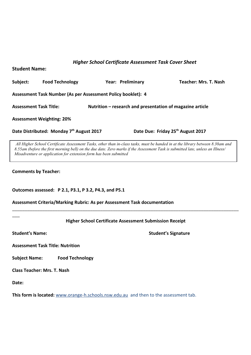 Higher School Certificate Assessment Task Cover Sheet