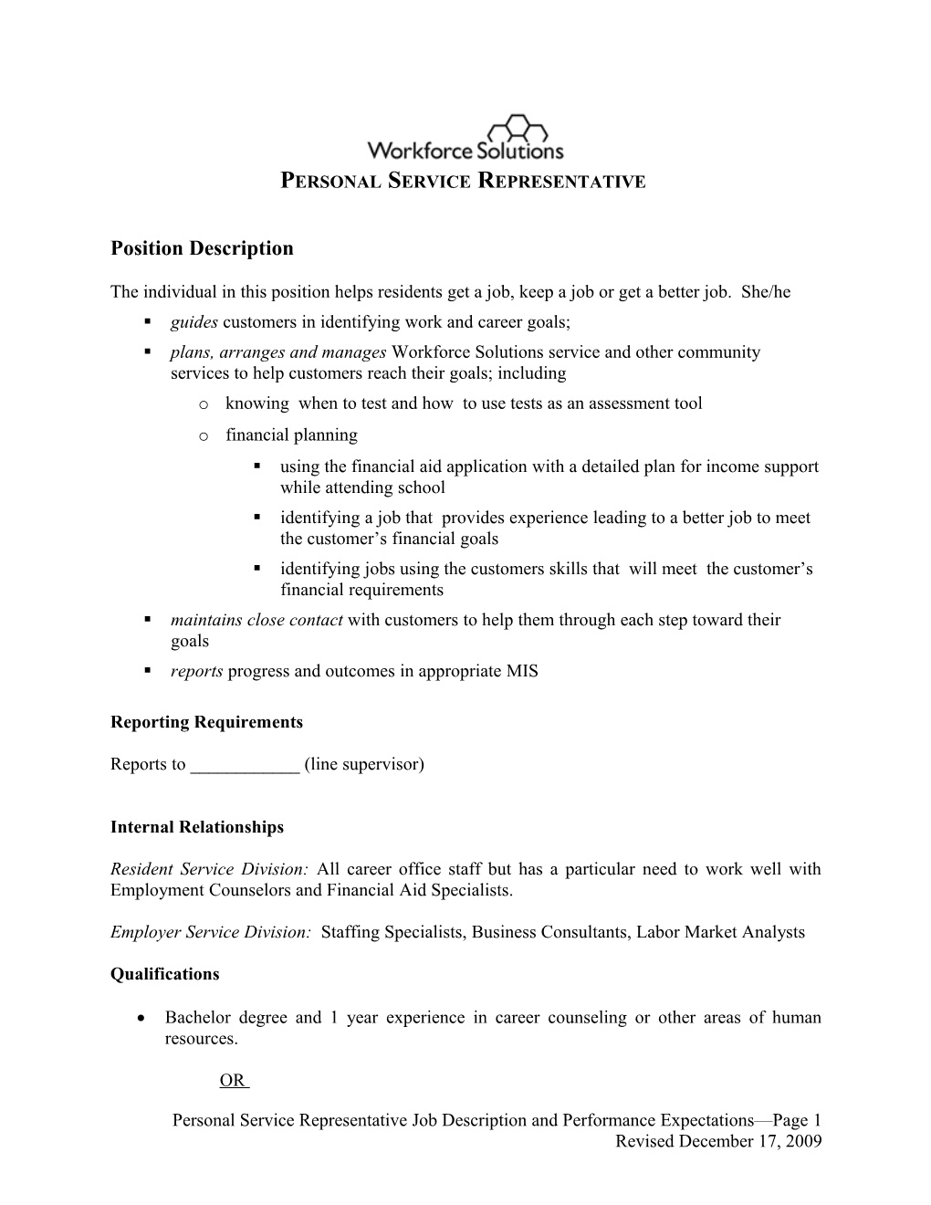 Job Description - Personal Service Representative