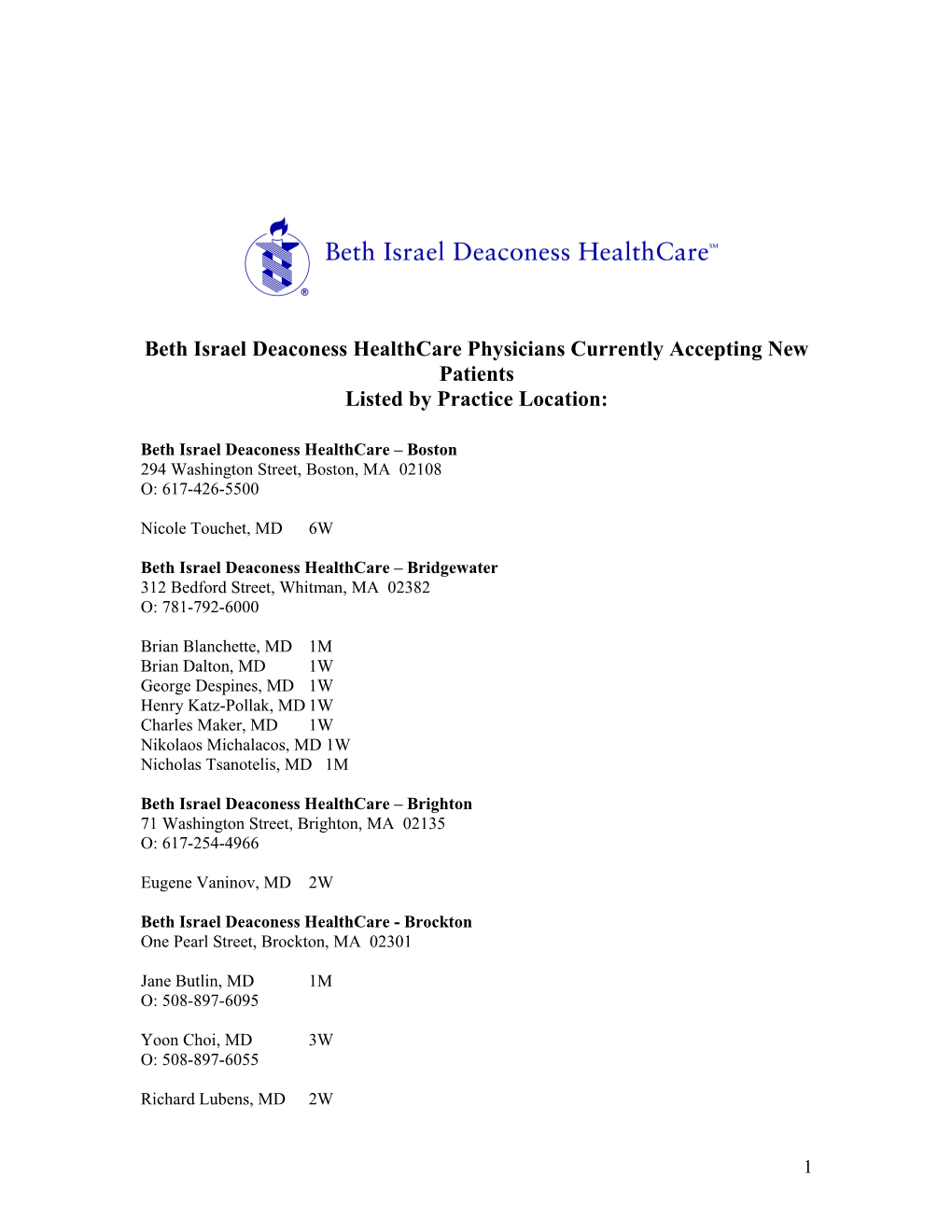 Beth Israel Deaconess Healthcare Physicians Currently Accepting New Patients