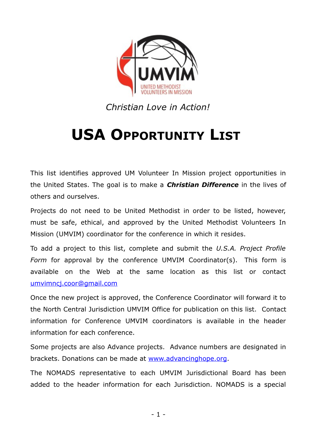 USA Opportunity List