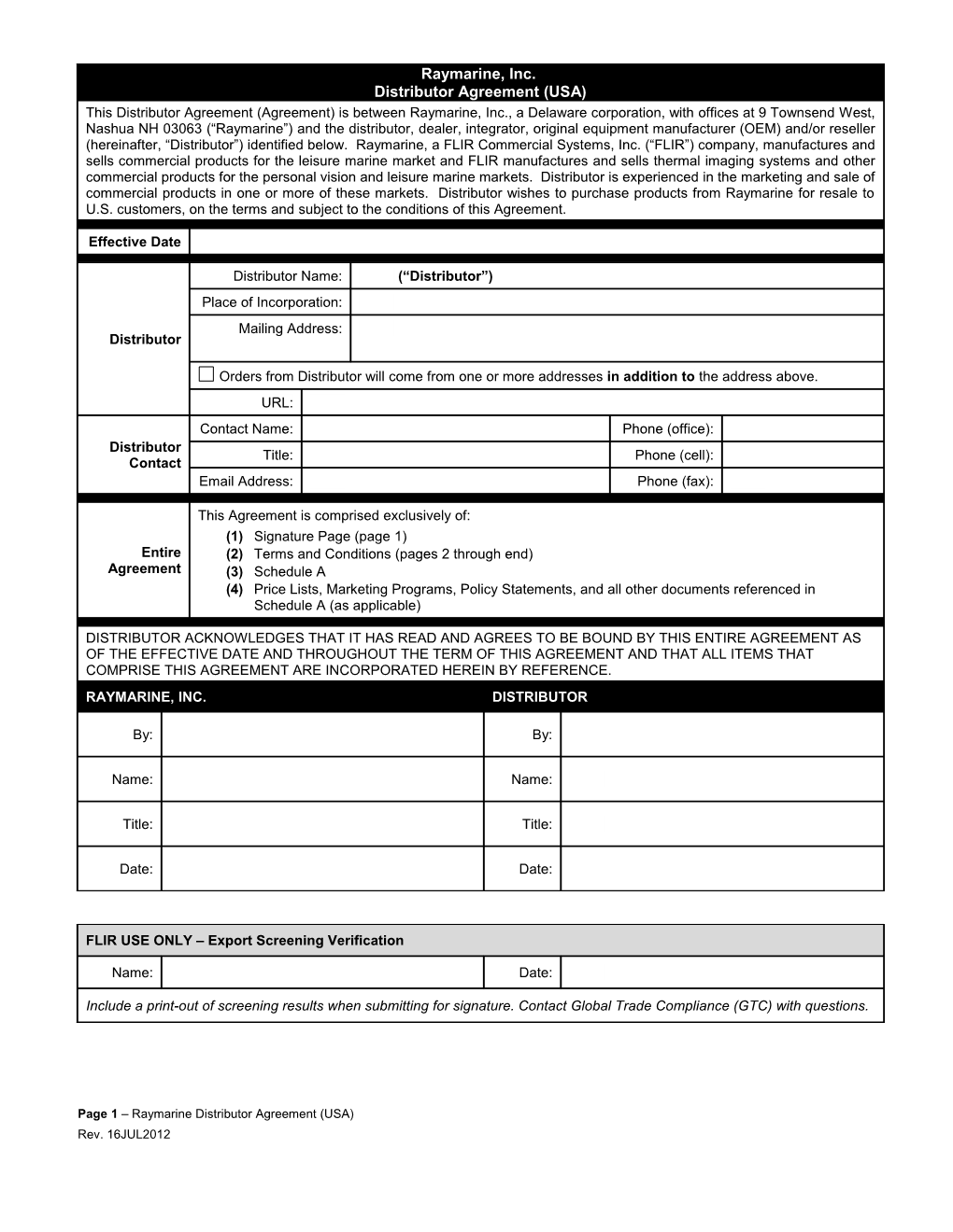 Page 1 Raymarine Distributor Agreement (USA)