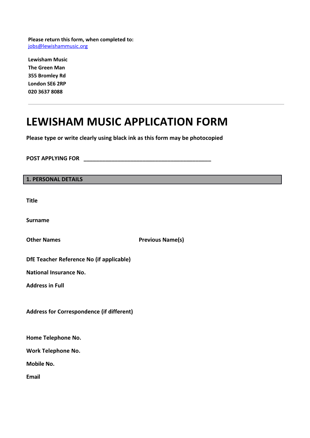 Lewisham Music Application Form