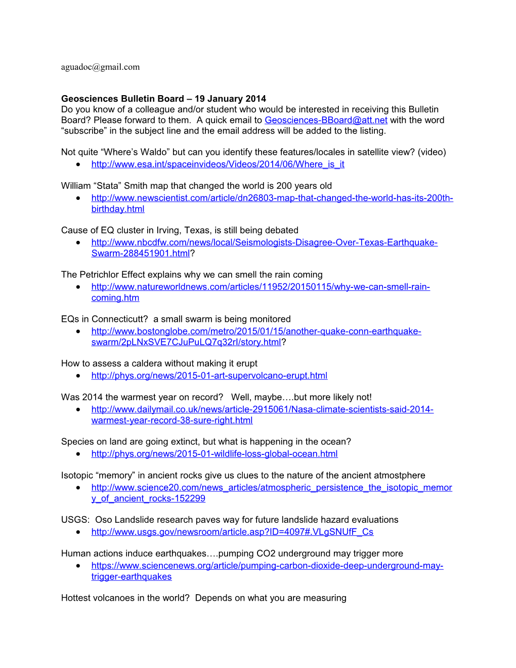 Geosciences Bulletin Board 19 January 2014