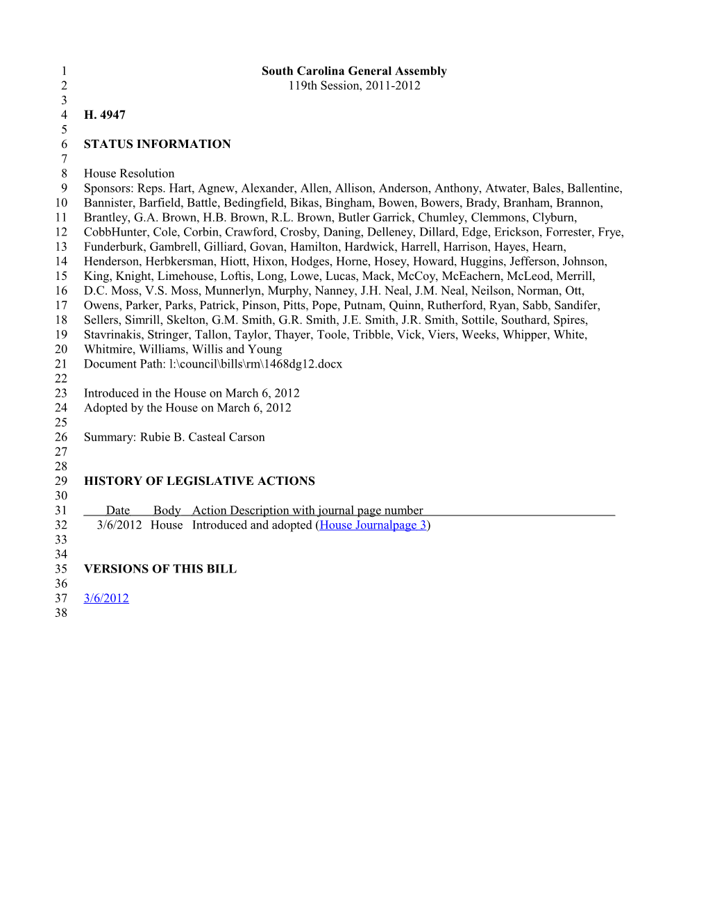 2011-2012 Bill 4947: Rubie B. Casteal Carson - South Carolina Legislature Online