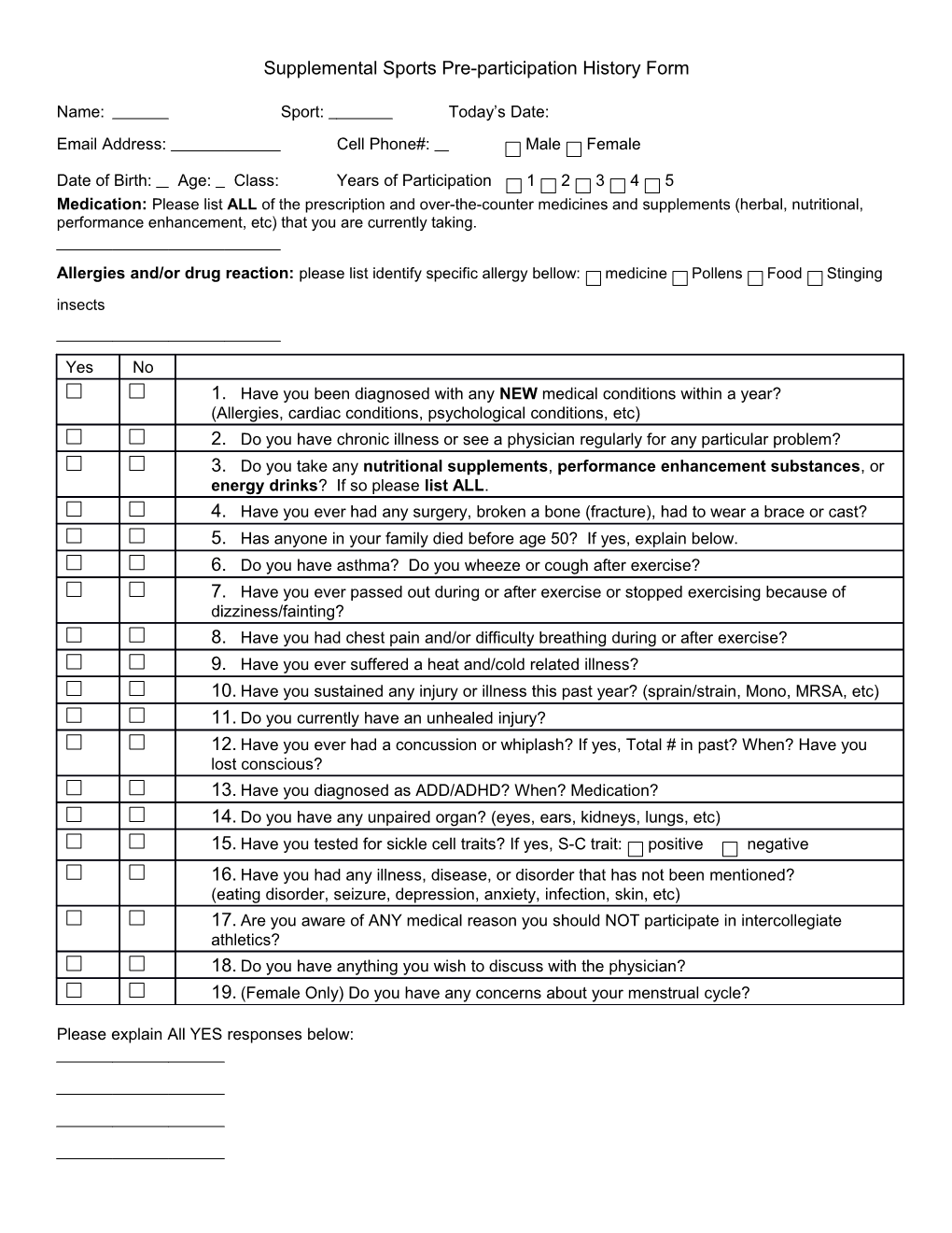 Hood College Sports Preparticipation History Form