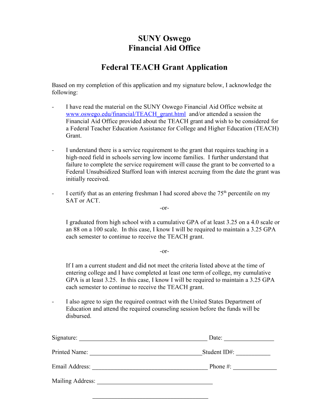 Federal TEACH Grant Application