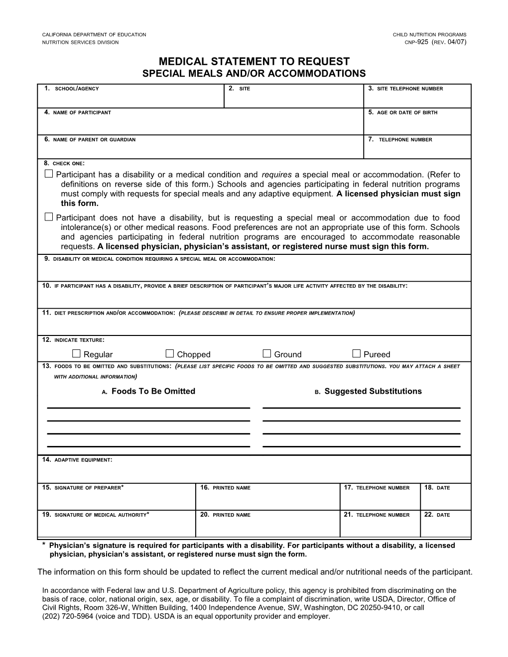 Medical Statement Form - Civil Rights (CA Dept of Education)