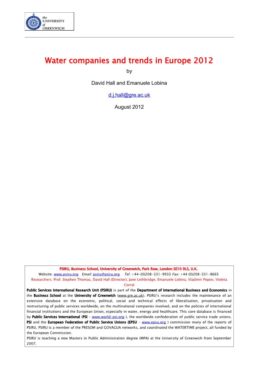 Water Companies and Trends in Europe 2012