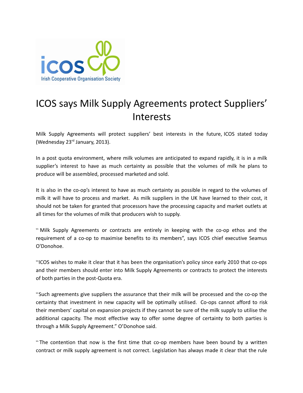ICOS Says Milk Supply Agreements Protect Suppliers Interests