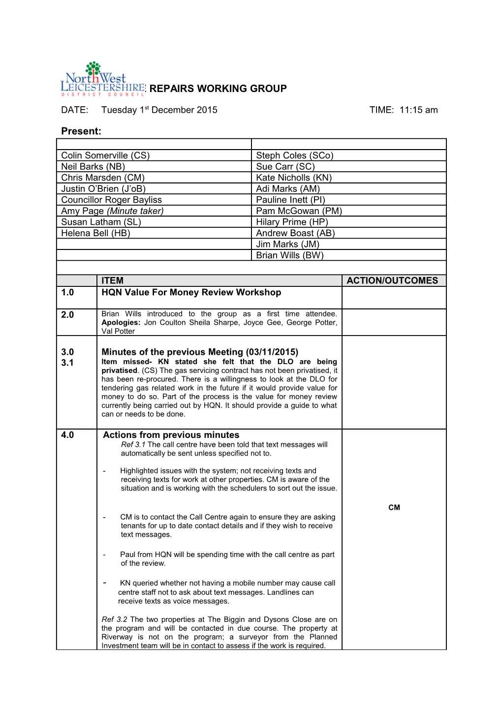 Minutes of the Repairs Working Group