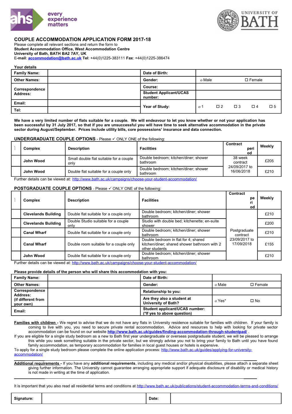 Couple Accommodation Application Form 2017-18