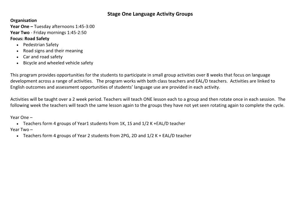Stage One Language Activity Groups