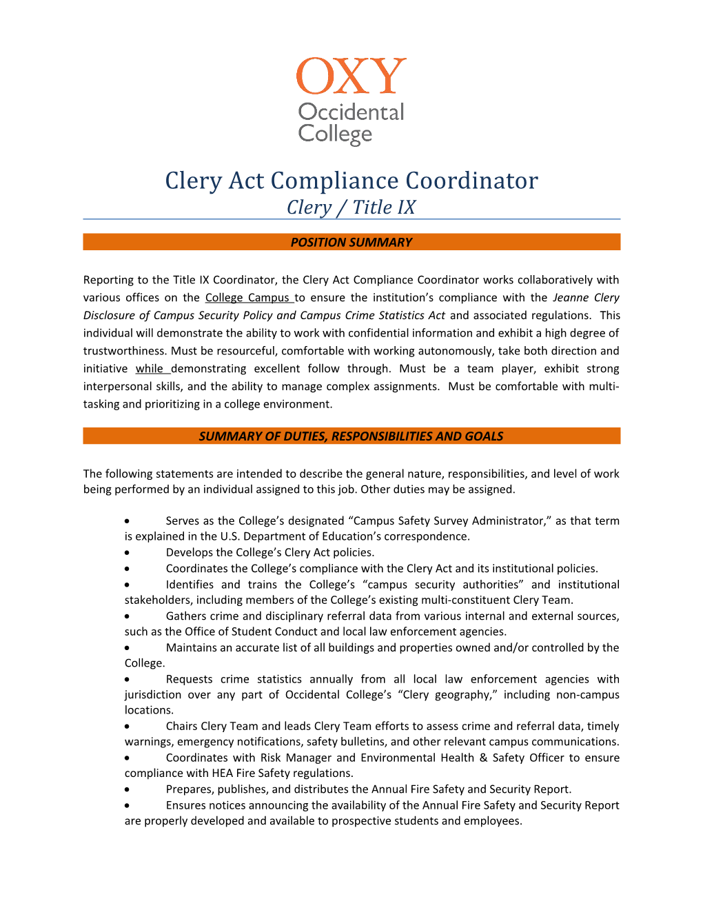 Clery Act Compliance Coordinator