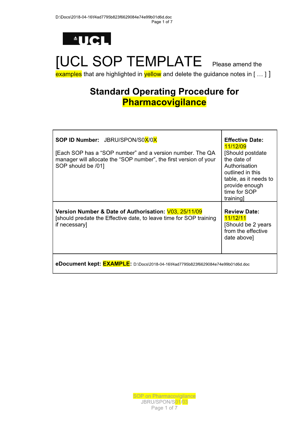 Standard Operating Procedure for Pharmacovigilance