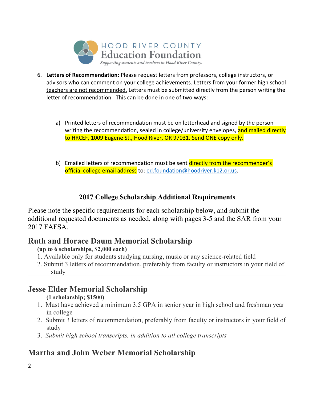 HRCEF College Scholarship Application Instructions 2017
