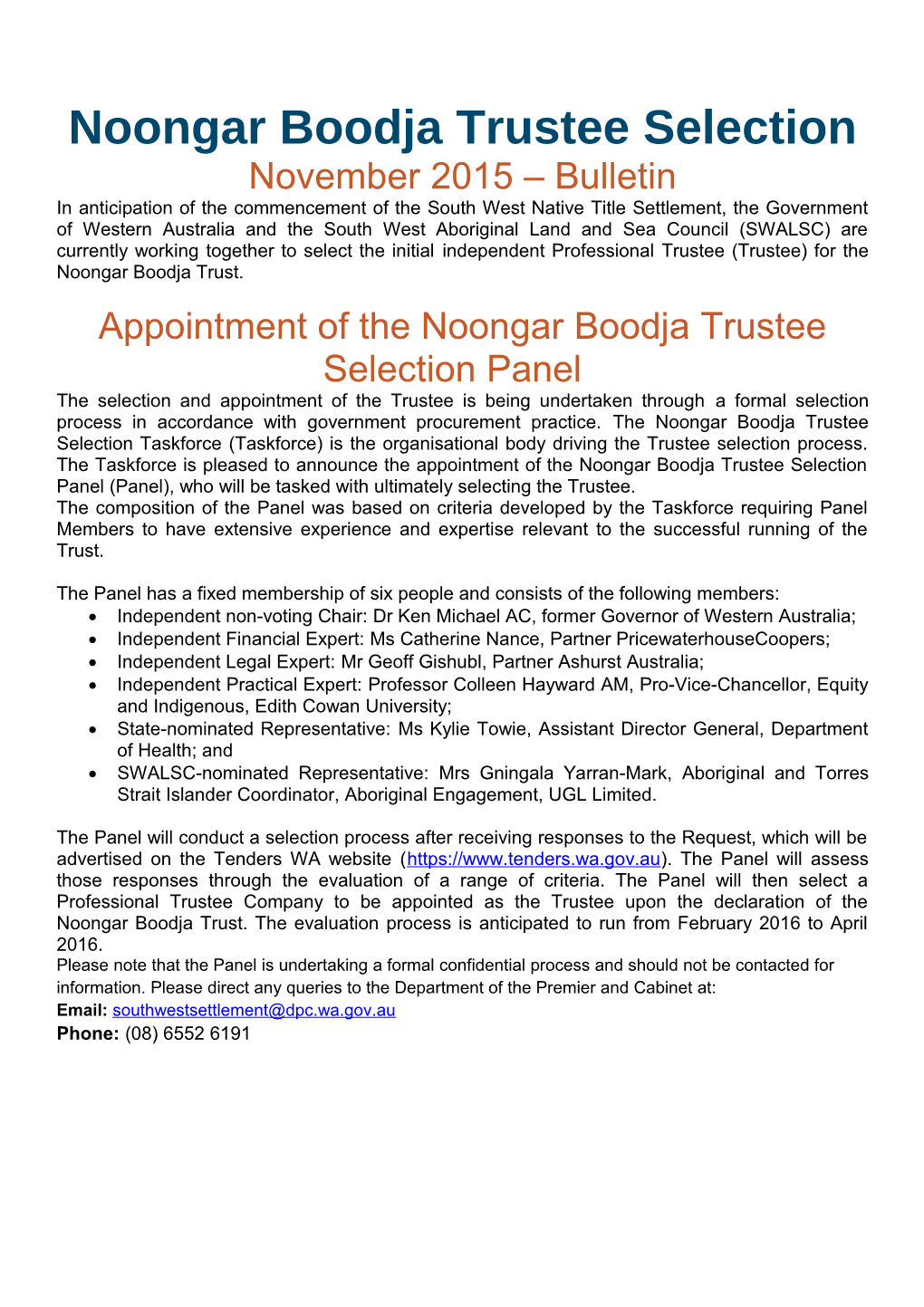 Appointment of the Noongar Boodja Trustee Selection Panel